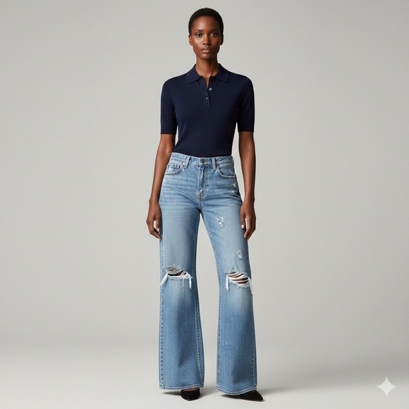 Levi's Denim - Levis Premium Jeans Womens Size 24 High Loose Flare Distressed Light Wash Blue